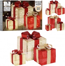Lichtgevende cadeaudozen goud en rood, set van 3 stuks