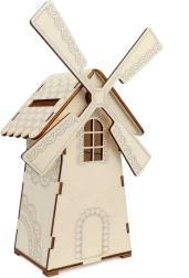 Houten spaarpot in de vorm van een molen met licht