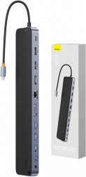 USB‑C hub 12-in-1 BASEUS EliteJoy Gen2 met 2× HDMI, DP, 3× USB 3.0, PD 100 W, RJ45 en SD/TF-kaartlezer (donkergrijs)