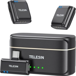 Draadloze dasspeldmicrofoon Telesin met USB‑C‑ontvanger en powerbank