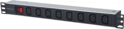 19" rack 1U voedingsrail 110V-250V/10A, 8 C13-stopcontacten, 2 m kabel