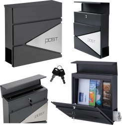 Grote antracietkleurige brievenbus voor post en kranten met opschrift POST, A4-formaat