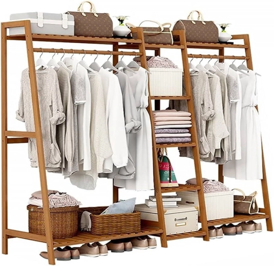 Dubbele bamboe kledingrek met 5 planken - lengte 160 cm.