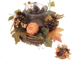 Herfst windlicht van rotan en glas Ø 21 cm (2 varianten)