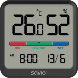 Digitale thermometer en hygrometer SAVIO met LCD, klok en datum, magnetische houder – zwart