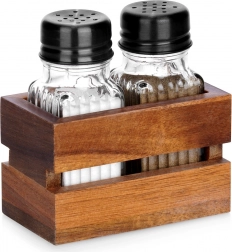Zout- en peperstrooier met houder, 3-delige set, glas en hout