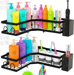 RUHHY hoek-badkamerplanken zonder boren, set van 2 stuks, zwart