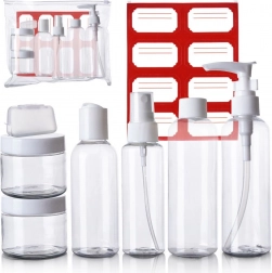 Reisflesjes en -potjes voor cosmetica in vliegtuig etui, 8-delige set
