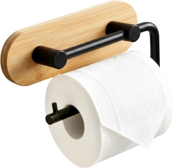 Wandhouder voor toiletpapier bamboe en zwart metaal 13,5 cm