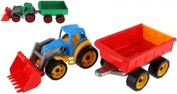 Kleurrijke plastic tractor met lader en aanhanger