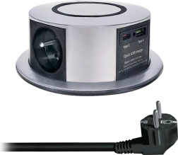 Solight uitschuifbaar stopcontactblok voor in het blad 3× 230 V + USB-A/USB-C PD 20 W met draadloos Qi-laden 10 W, 2 m, zilverkleurig