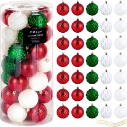 Set onbreekbare kerstballen 6 cm, rood, groen en wit, 35 stuks