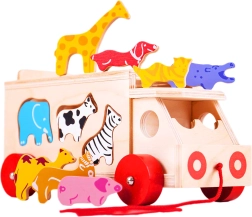 Bigjigs Toys houten trekauto met dieren en vormenstoof