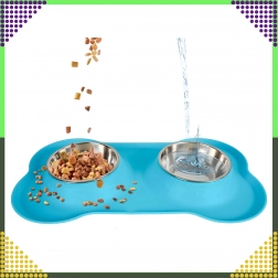 Dubbele voerbak voor honden en katten met antislipmat, roestvrij staal, 2 × 450 ml, blauw
