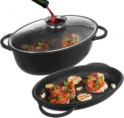 Granieten ovale braadsledeset 3-in-1 met grilldeksel en glazen deksel, 10 l, 43 × 28 cm