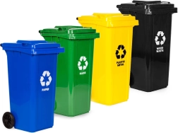 Set van 4 buitenafvalcontainers 4×120 l met rubberen wielen – papier, glas, plastic/metaal en restafval