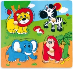 Houten safari-inlegpuzzel met dieren en knopjes 22 × 22 cm