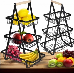 Driedelige metalen fruitmand met houten handvat, zwart
