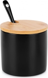 Keramische suikerschaal met bamboe deksel en lepeltje, zwart 250 ml