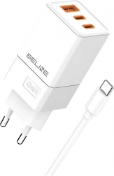 Netlader 65W GaN 2x USB‑C + USB‑A met USB‑C‑kabel – Wit