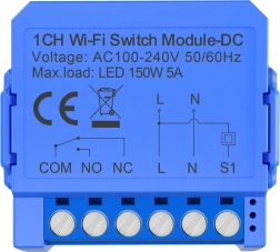 Slimme enkelkanaals wi‑fi schakelmodule met spanningsvrij dc‑contact avatto wsm16-dc-1