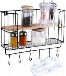 Wandplank voor de keuken met haken 41 × 12 × 25,5 cm, metaal en hout