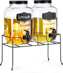 Dubbele glazen drankdispenser met kraan en zwart rek 2×4 l