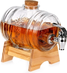 Glazen drankdispenser met kraantje en houten standaard 1 l