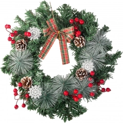 Kerstkrans met dennenappels, rode bessen en geruite strik 30 cm
