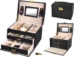 Satijnen sieradendoos met sleuteltje en spiegeltje – zwart