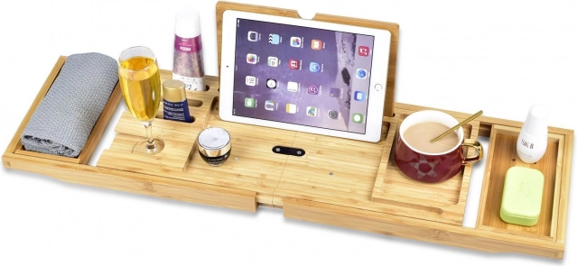 Bamboe badplank met wijnglashouder