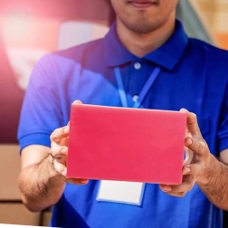 Rode koeriers plastic tassen met uitgesneden handvat 500 × 600 + 70 mm, 50 stuks, bedrukking Thank You