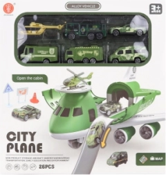 Vliegtuig met uitklapbare garage en militaire autootjes