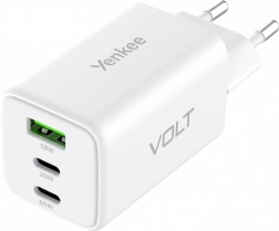 Netvoedingslader VOLT 65 W GaN, 3× USB (2× USB‑C + 1× USB‑A) met Power Delivery 3.0 en QC 4.0