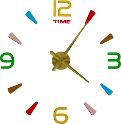 Muurklok DIY met stickers, 80–90 cm, gouden wijzers, kleurrijke markeringen, 4 cijfers