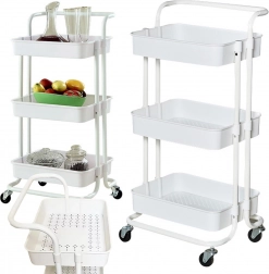 Mobiel drievoudig metalen rek met diepe planken – wit