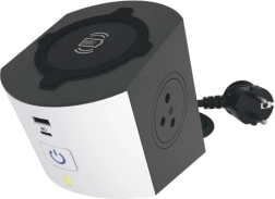 Multifunctionele verlengcube met Qi draadloos opladen en USB A/C, 2 stopcontacten, 2 m kabel