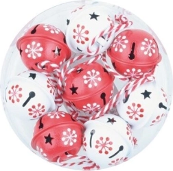 Jinglebells met print 3 cm, set van 8 stuks – rood en wit