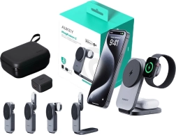 Magnetische draadloze oplader 3-in-1 AUKEY MagFusion, Qi2 15 W, grijs
