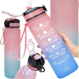 Motiverende waterfles 1 l met rietje en drinktimer, roze‑blauw