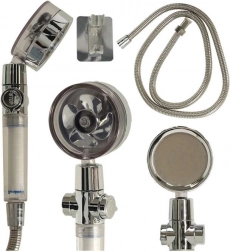 Zilveren douchekop met turbine en slang