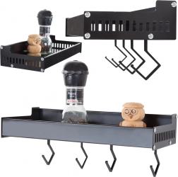 Wandplank van aluminium voor kruiden met haakjes, zwart