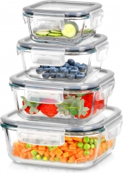 Glazen voedselbakjes met siliconen afdichting, vierkant, set van 4 stuks