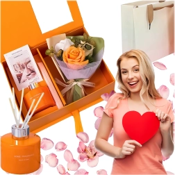 Cadeauset oranje geurdiffuser met stokjes en rozen