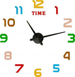 Zelfklevende doe-het-zelf wandklok, diameter 80–90 cm, gekleurde cijfers, zwarte wijzers
