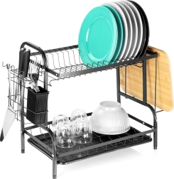 Metalen afdruiprek voor vaat, zwart, tweelaags 52 × 24,5 × 40 cm