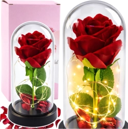 Eeuwige kristallen roos onder een stolp met LED-verlichting – Rood met bloemblaadjes