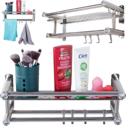 Hangende badkamerplank met haken en dubbele handdoekstang, aluminium, zilver