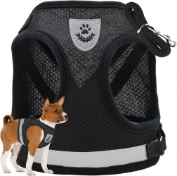 Drukvrij tuigje voor honden, katten en konijnen XS – zwart, reflecterend, met riem