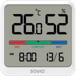 Digitale thermometer en hygrometer SAVIO met LCD, klok en datum, magnetische houder – Wit